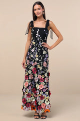 Thriving Poise Black 3D Floral Embroidered Tie-Strap Maxi Dress