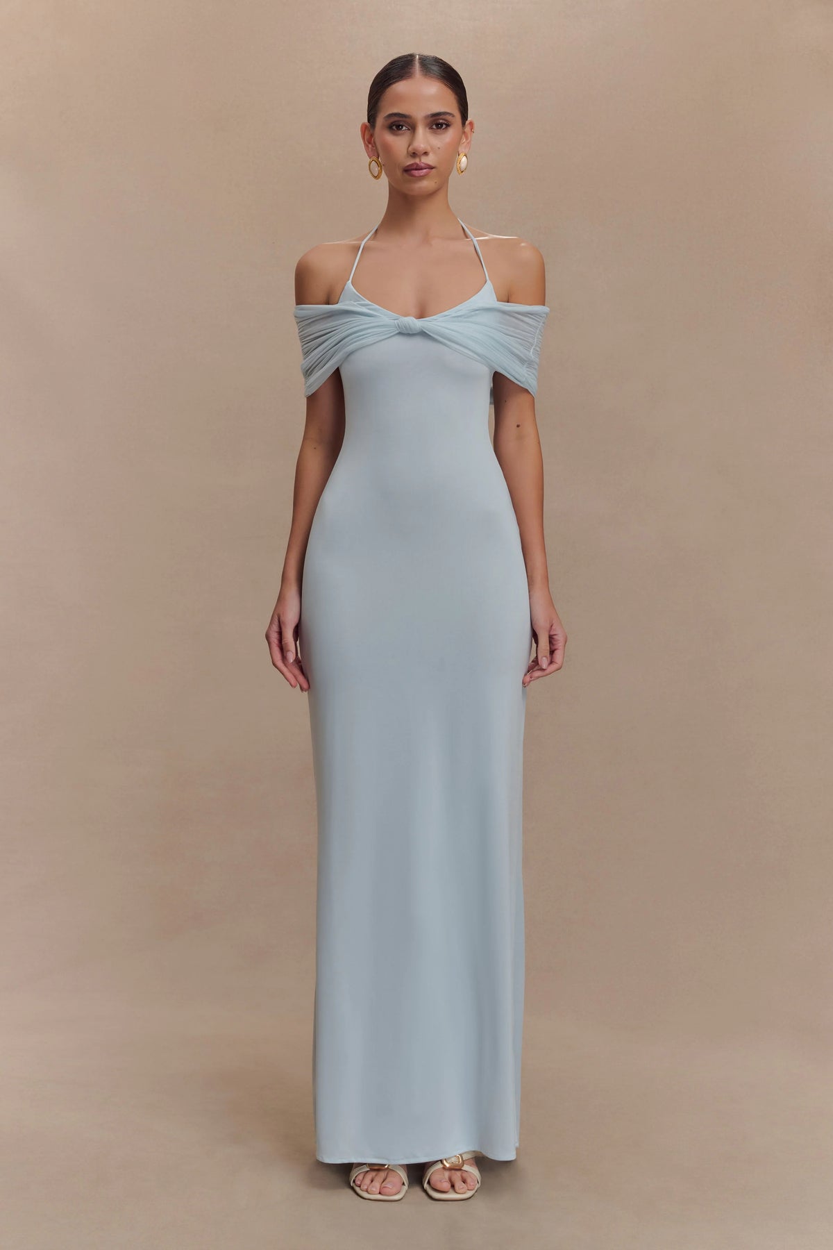 Bernadina Mesh And Slinky Halter Maxi Dress - Pale Blue