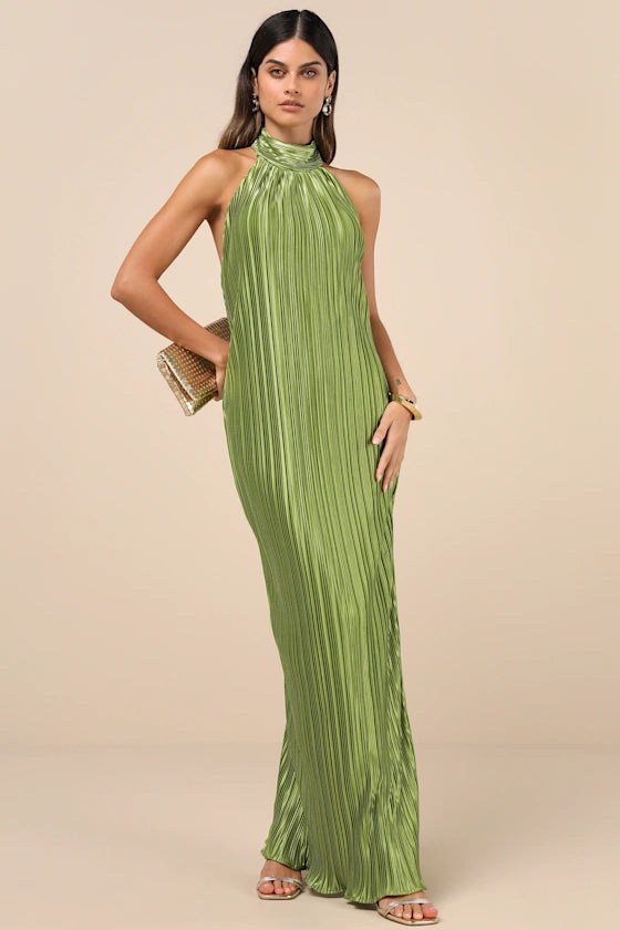 Gwenny Lime Green Satin Plisse Maxi Dress
