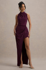 Hayden | Burgundy High-Neck Draped Split Maxi Dress