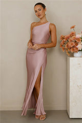 The Aurora One Shoulder Satin Maxi Dress Dusty Pink