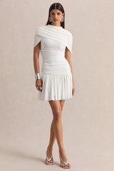 Fenella | White High-Neck Mini Dress With Cape-Sleeves And Ruched Detailing