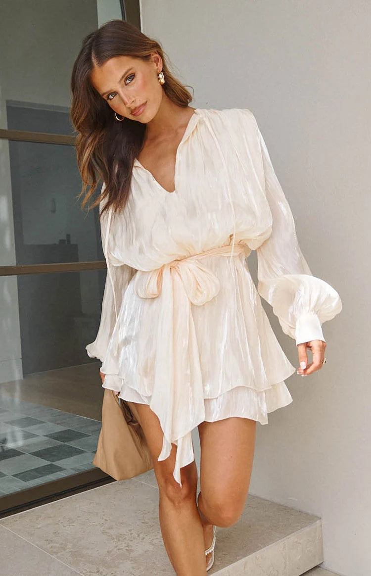 Quinton Pearl Satin Long Sleeve Tie Mini Dress
