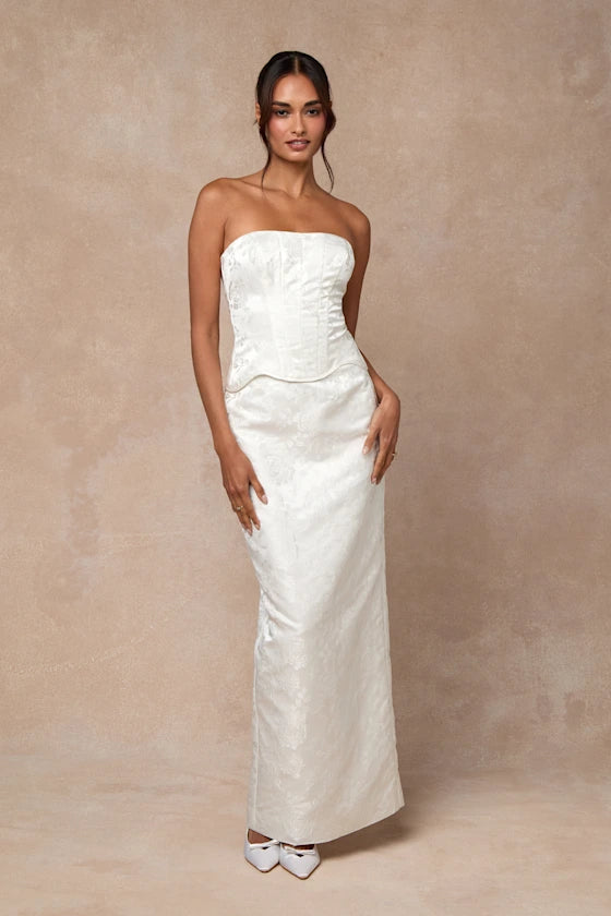 Melva White Satin Jacquard Two-Piece Bustier Maxi Dress
